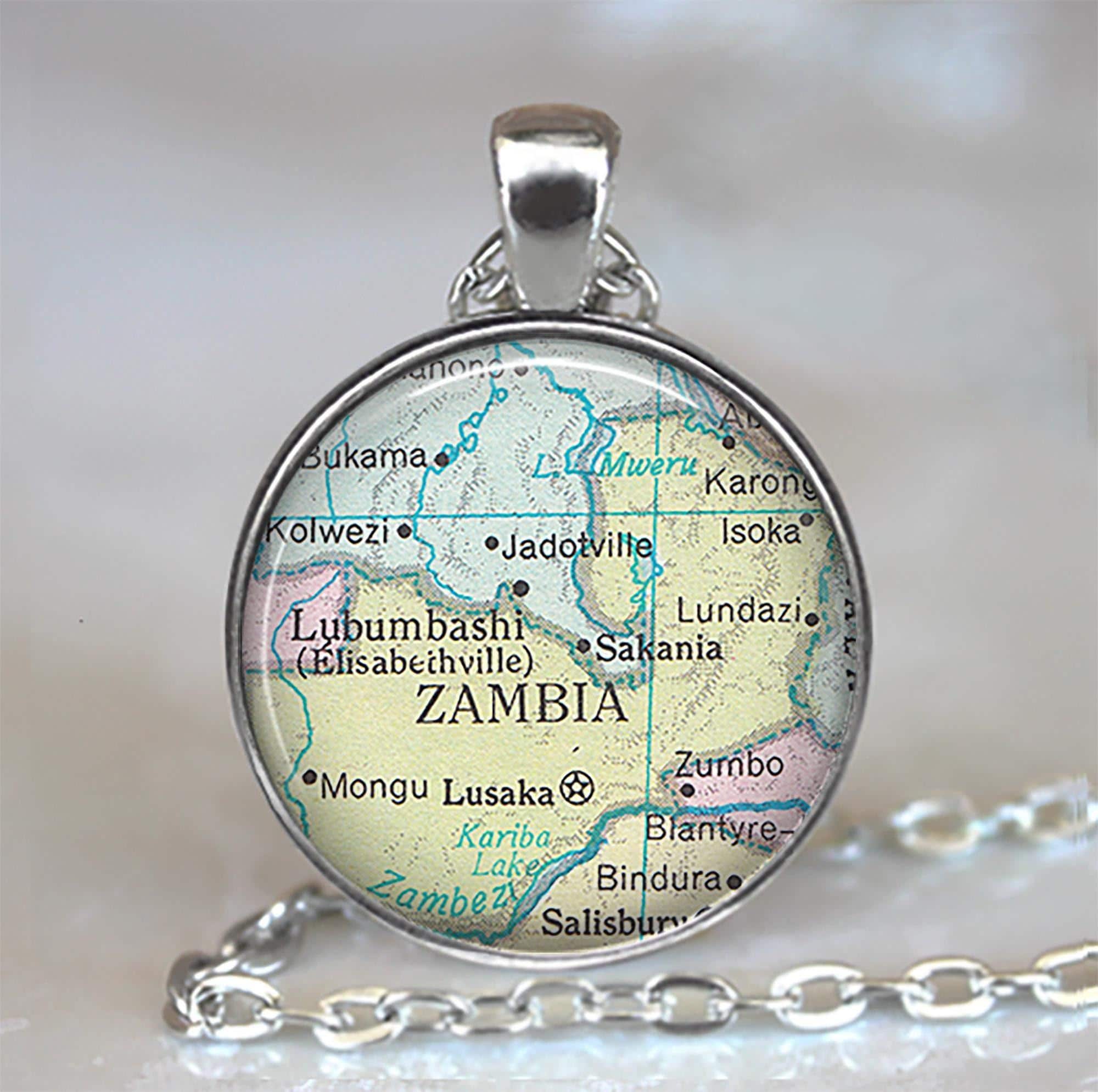 Zambia Map Necklace, Key Chain or Brooch, Zambia Africa Travel Gift ...