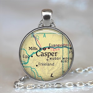Casper, Wyoming map necklace, key chain or brooch, Casper WY map jewelry hometown map gift moving away gift Mills WY key ring key fob