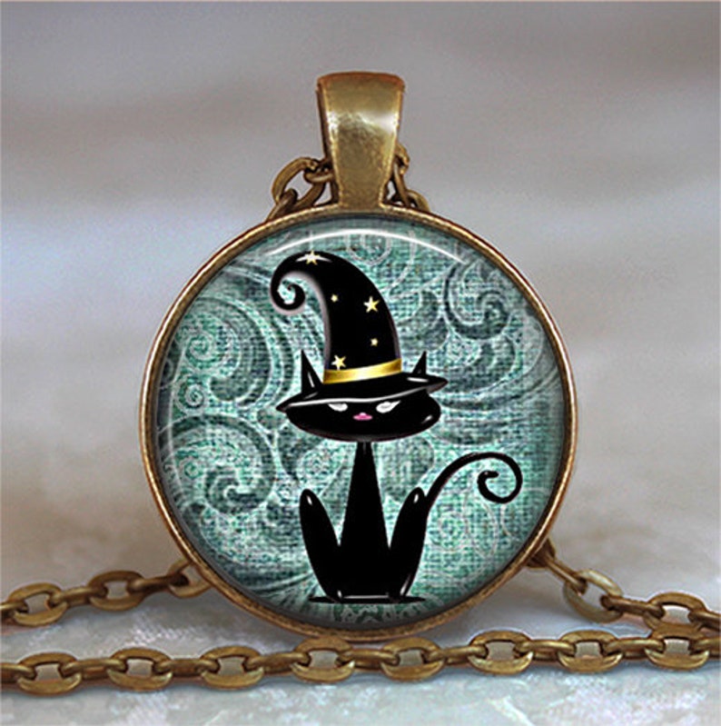 Black Cat Magic necklace, brooch pin or key chain, Halloween necklace Halloween gift Samhain cat jewelry magic cat key ring fob image 2