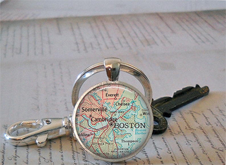 Boston map necklace, brooch pin or key chain, Boston MA map gift Cambridge, Massachusetts map Somervilla MA keychain key ring key fob M05 image 4