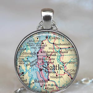 Seattle map necklace, key chain or brooch, vintage map jewelry Seattle Washington hometown map gift going away moving away gift key ring fob