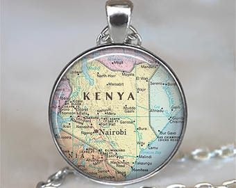 Kenya map necklace, brooch pin or key chain, Kenya Africa Nairobi map necklace globetrotter travel gift Africa map gift key ring fob