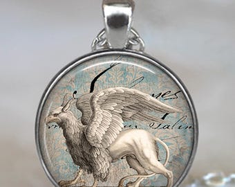 Snow Griffin necklace, key chain or brooch pin, fantasy art gift white griffin jewelry magic mythological creature  key ring fob