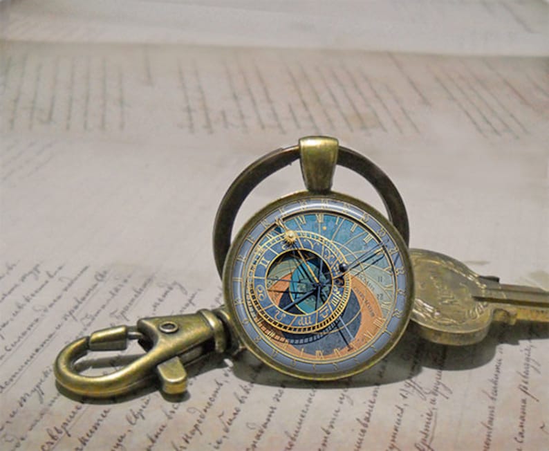 Prague Astronomical Clock photo brooch pin, necklace or key chain, Orloj photo jewelry travel gift astrology gift keychain key ring fob image 3