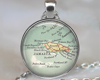 Jamaica necklace, key chain or brooch, Montego Bay Kingston Jamaica map gift destination wedding gift globetrotter gift key ring key fob
