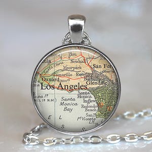 Los Angeles map necklace, key chain or brooch, Glendale Santa Monica Burbank Oxnard map gift, moving away gift key ring fob