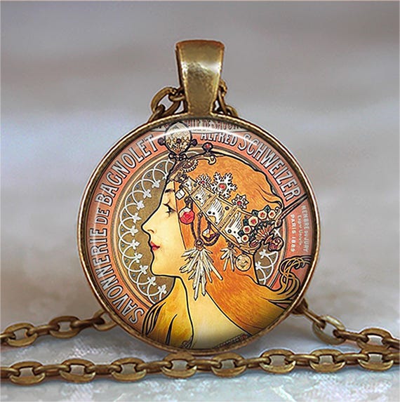 Alphonse Mucha Savonnerie necklace, brooch or key chain, Art Nouveau jewelry Alphonse Mucha art soap maker gift art poster key ring fob