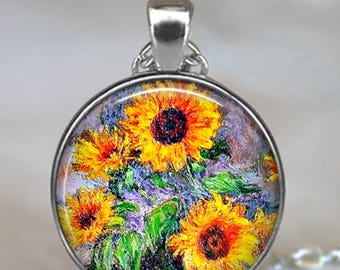 Monet Sunflowers necklace, key chain or brooch, art teacher gift Sunflower gift Monet art pendant nature jewelry garden gift key ring fob