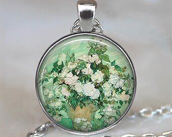 Van Gogh Roses art necklace, key chain or brooch pin, Vincent Van Gogh art gift rose garden club gift art gift gardening key ring fob