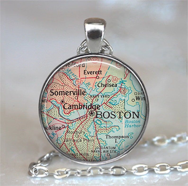 Boston map necklace, brooch pin or key chain, Boston MA map gift Cambridge, Massachusetts map Somervilla MA keychain key ring key fob M05 image 2