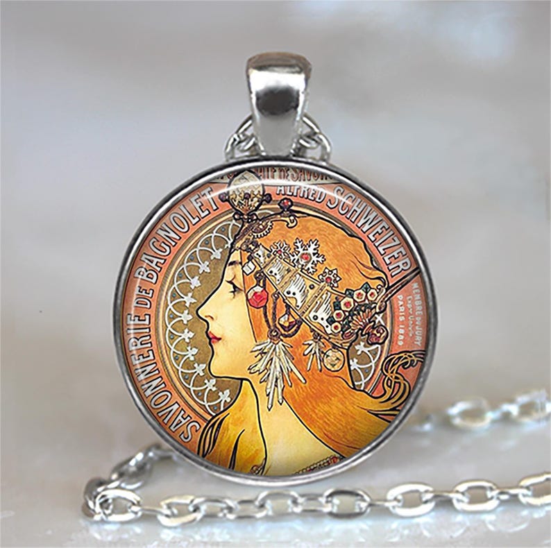 Alphonse Mucha Savonnerie necklace, brooch or key chain, Art Nouveau jewelry Alphonse Mucha art soap maker gift art poster key ring fob image 2