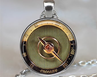 Vintage Radio Dial necklace, key chain or brooch pin, communications technology graduation gift vintage media or entertainment key ring fob
