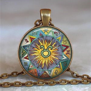 Taurus Bohemian Zodiac necklace, key chain or brooch pin, Zodiac gift Boho Zodiac art pendant astrology gift Boho Taurus key ring fob afbeelding 2