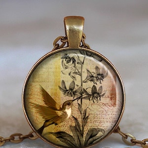 Orchid & Hummingbird necklace, key chain or brooch, hummingbird gift nature lover gift bird lover gift keychain key ring key fob keyring