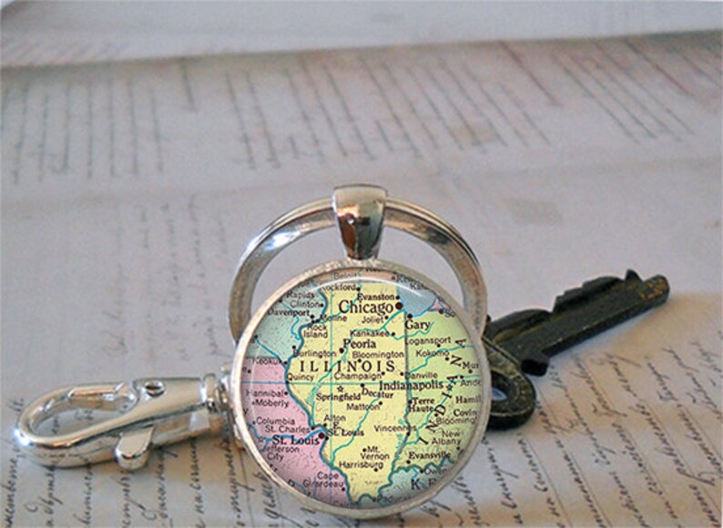 Illinois map necklace, key chain or brooch, Illinois state map gift state employee gift leaving home gift map brooch or key ring key fob image 3