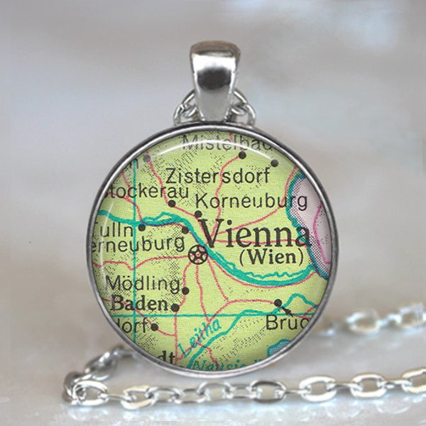 Vienna map necklace, Vienna map pendant, Vienna necklace, Vienna pendant, map jewelry map jewellery Vienna key chain key fob