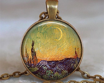 Van Gogh's New Moon art pendant, Van Gogh jewelry Van Gogh necklace Van Gogh art pendant keychain key chain key ring fob