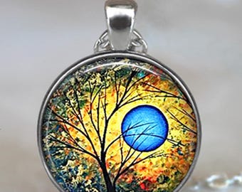 Summer Blue Moon necklace, key chain or brooch, tree jewelry, full blue moon jewelry nature gift nature art jewelry full moon key ring fob