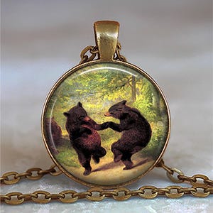 Dancing Bears brooch pin, necklace or key chain, Bear couple vintage bear art camping or dance gift Ballroom Bears key ring fob nature gift