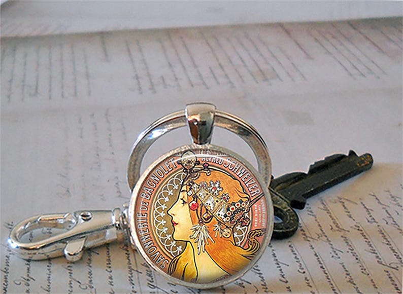 Alphonse Mucha Savonnerie necklace, brooch or key chain, Art Nouveau jewelry Alphonse Mucha art soap maker gift art poster key ring fob image 4
