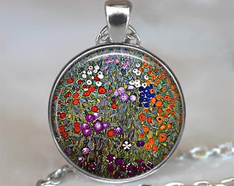 Gustav Klimt's Farm Garden art necklace or key chain, Klimt art pendant Klimt jewelry Klimt art gift garden gift keychain key ring fob G74