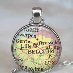 Belgium map necklace, key chain or brooch, Brussels vintage map jewelry European travel gift globetrotter gift map gift map key ring key fob
