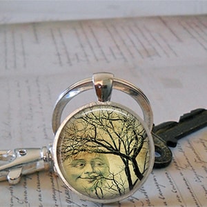 Smiling Moon Tree necklace, key chain or brooch, bare tree and moon full moon necklace full winter moon nature gift key ring key fob image 6