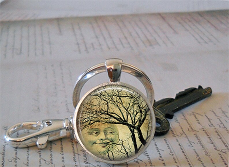 Smiling Moon Tree necklace, key chain or brooch, bare tree and moon full moon necklace full winter moon nature gift key ring key fob image 6