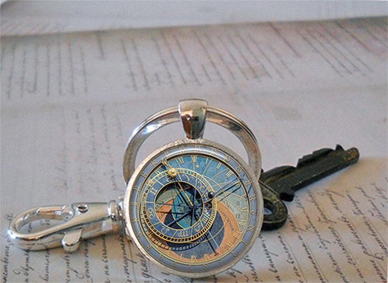 Prague Astronomical Clock photo brooch pin, necklace or key chain, Orloj photo jewelry travel gift astrology gift keychain key ring fob image 4