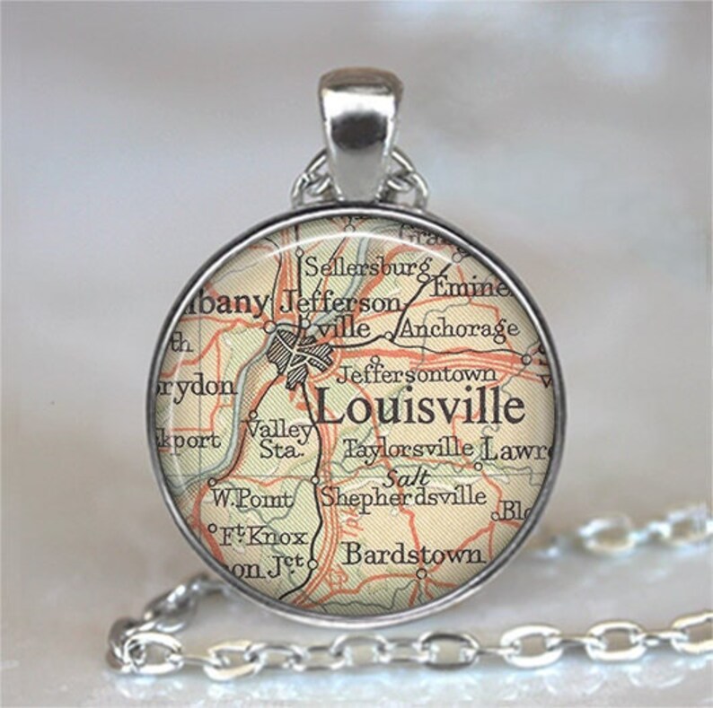 Louisville, Kentucky map necklace or keychain, Louisville map pendant hometown map gift Jeffersonville KY map key chain key ring fob image 1
