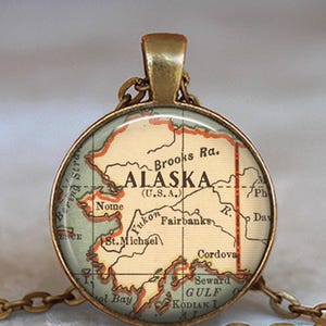 Alaska map necklace, key chain or brooch, vintage map gift map jewelry state map keychain key ring fob leaving home gift moving away gift