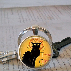 Le Chat Noir art necklace, Le Chat necklace cat necklace cat jewelry black cat necklace cat lover jewelry French key chain key ring key fob image 4