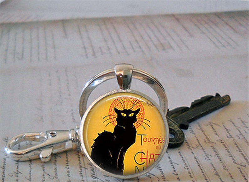 Le Chat Noir art necklace, Le Chat necklace cat necklace cat jewelry black cat necklace cat lover jewelry French key chain key ring key fob image 4