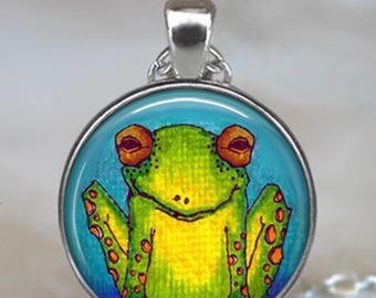Happy Frog brooch pin, key chain or necklace, smiling frog cute tree frog gift green frog key ring key fob G321