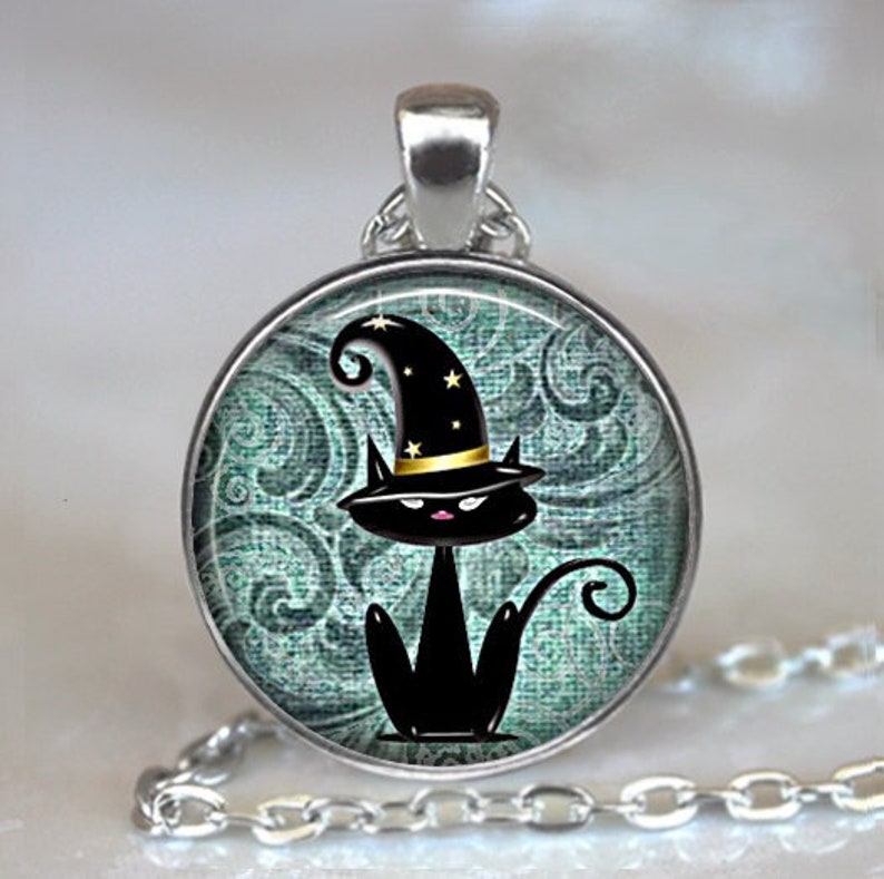 Black Cat Magic necklace, brooch pin or key chain, Halloween necklace Halloween gift Samhain cat jewelry magic cat key ring fob image 1