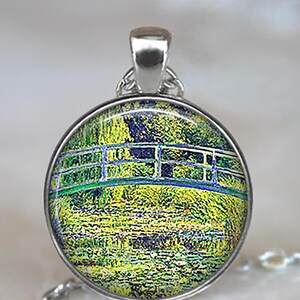 Monet&#39;s Lily Pond Bridge necklace or key chain, Monet art gift art necklace water lily jewelry water gardener&#39;s gift key chain key ring G160