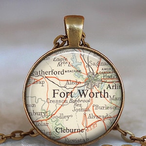 Ft. Worth Texas map necklace, key chain or brooch, vintage map jewelry map gift moving away leaving home gift Ft Worth TX key ring key fob