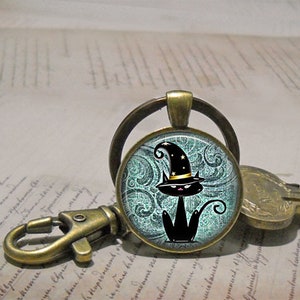 Black Cat Magic necklace, brooch pin or key chain, Halloween necklace Halloween gift Samhain cat jewelry magic cat key ring fob image 4