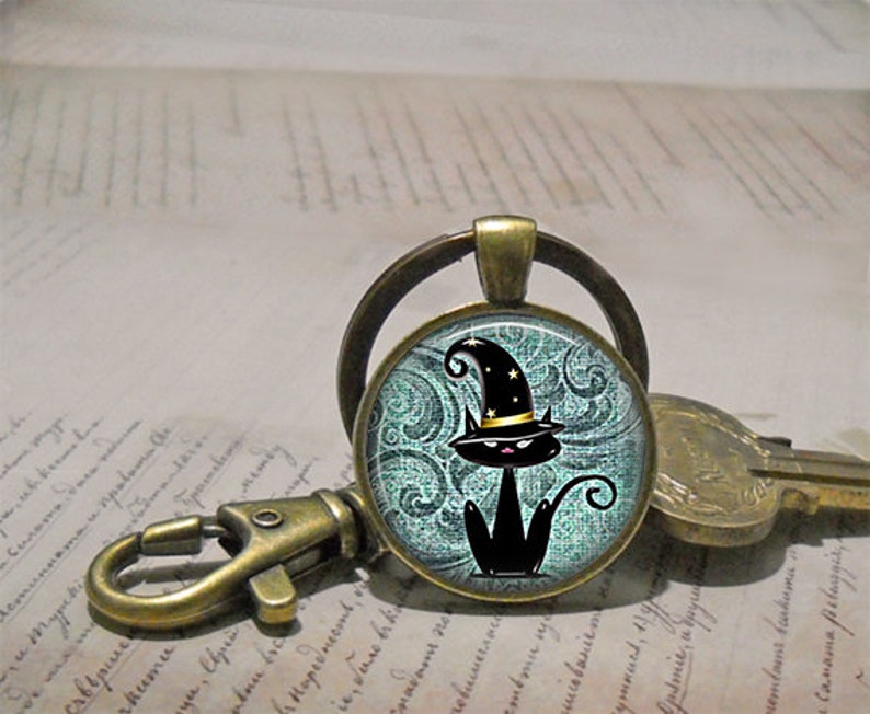 Black Cat Magic necklace, brooch pin or key chain, Halloween necklace Halloween gift Samhain cat jewelry magic cat key ring fob image 4