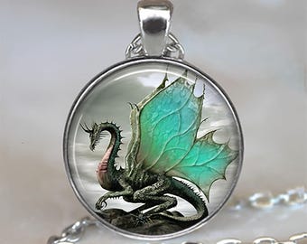 Jade-Winged Dragon necklace, brooch pin or key chain, Jade Dragon gift dragon wing pendant fantasy art necklace key ring key fob