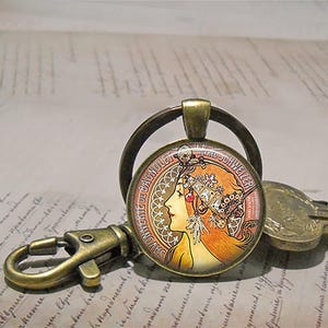 Alphonse Mucha Savonnerie necklace, brooch or key chain, Art Nouveau jewelry Alphonse Mucha art soap maker gift art poster key ring fob image 3