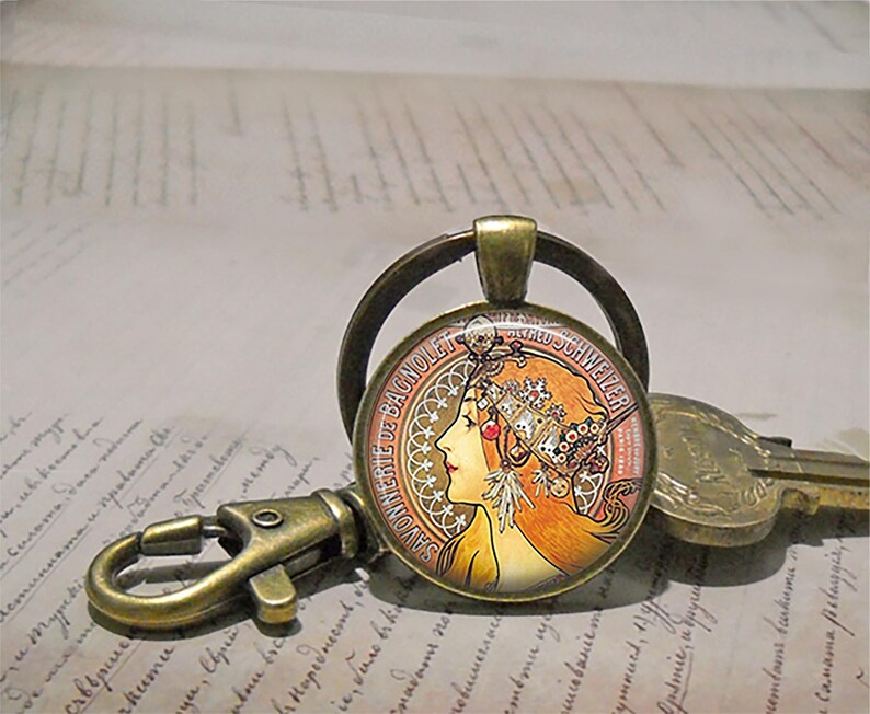 Alphonse Mucha Savonnerie necklace, brooch or key chain, Art Nouveau jewelry Alphonse Mucha art soap maker gift art poster key ring fob image 3