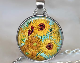 Van Gogh Sunflower necklace, key chain or brooch pin, Sunflower gift sunflower wedding bridesmaid gift for art student or teacher key ring