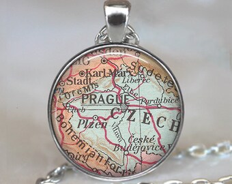 Prague map necklace, Prague map pendant, Prague pendant, vintage map jewelry Czech Republic map pendan, key chain key fob key ring