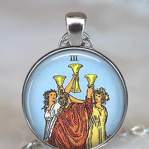 Tarot Three of Cups necklace, key chain or brooch pin, Tarot jewelry Tarot gift friends necklace friendship jewelry symbolic key ring fob