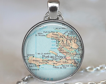 Haiti map necklace, key chain or brooch, map gift adoption gift adoption jewelry gift for missionary Port-au-Prince map key ring key fob
