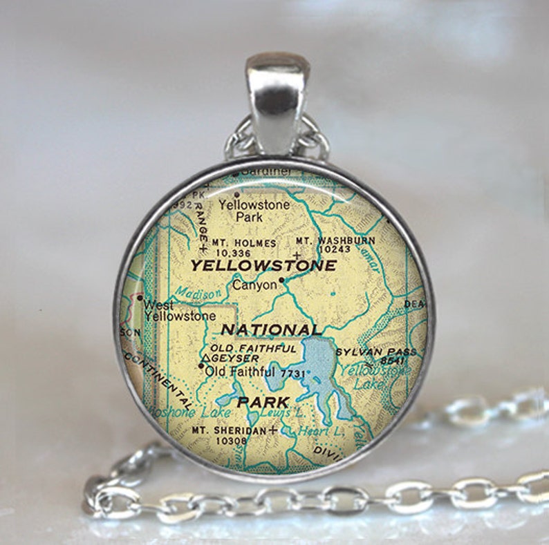 camping hiking gift key chain key ring key fob Yellowstone map pendant map jewelry gift for camper Yellowstone National Park map necklace