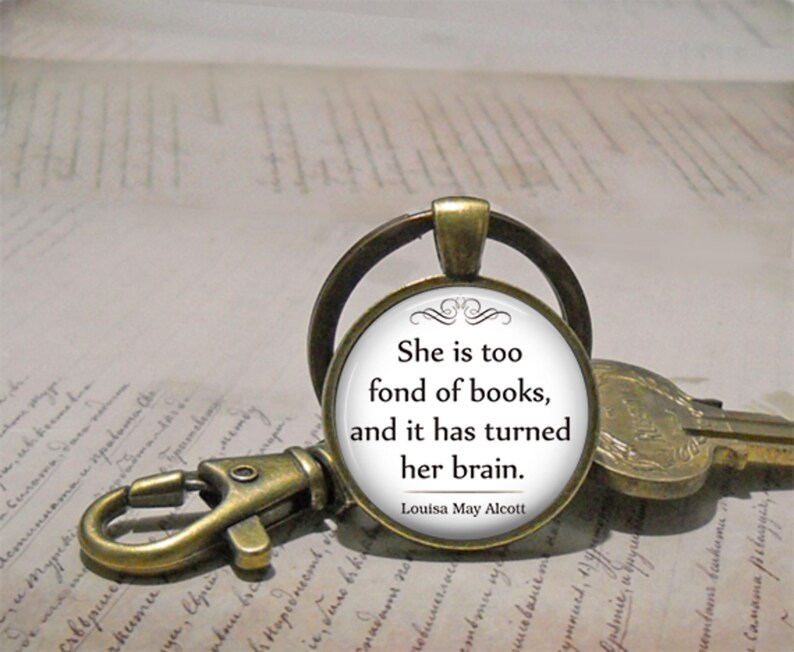 She is too fond of Books quote necklace, brooch pin or key chain, book lover gift book club or librarian gift keychain key ring fob image 4