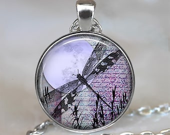 Lavender Moon Dragonfly necklace key chain or brooch pin, dragonfly jewelry , purple dragonfly gift full moon keychain key ring key fob
