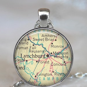 Lynchburg, Virginia map necklace, key chain or brooch, vintage map gift leaving home gift moving away gift  Madison Heights VA key ring fob